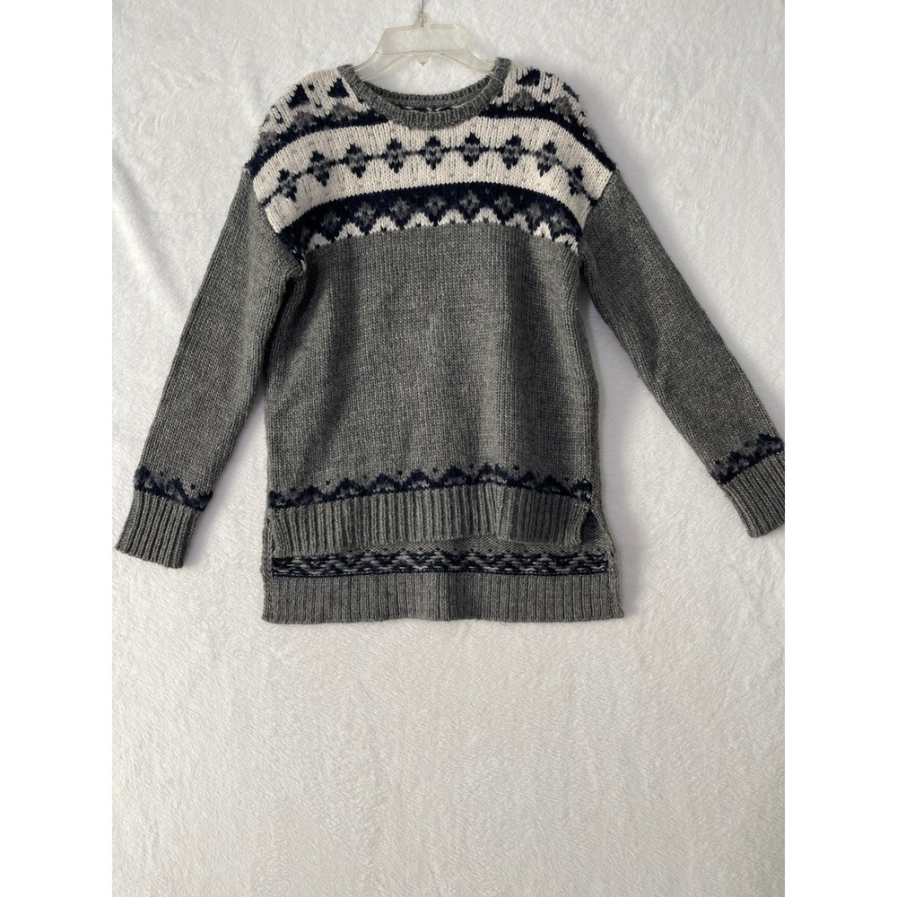 Ann Taylor LOFT Petite Gray Fair Isle Chunky Knit Sweater Crew Neck Small SP